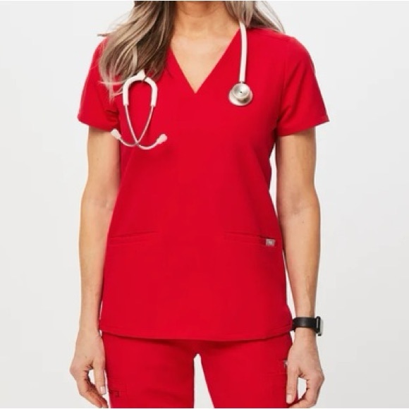 Figs Tops - Figs scrubs - Pop Red - High Waisted Yola Skinny Pants & Casma Three-Pocket top